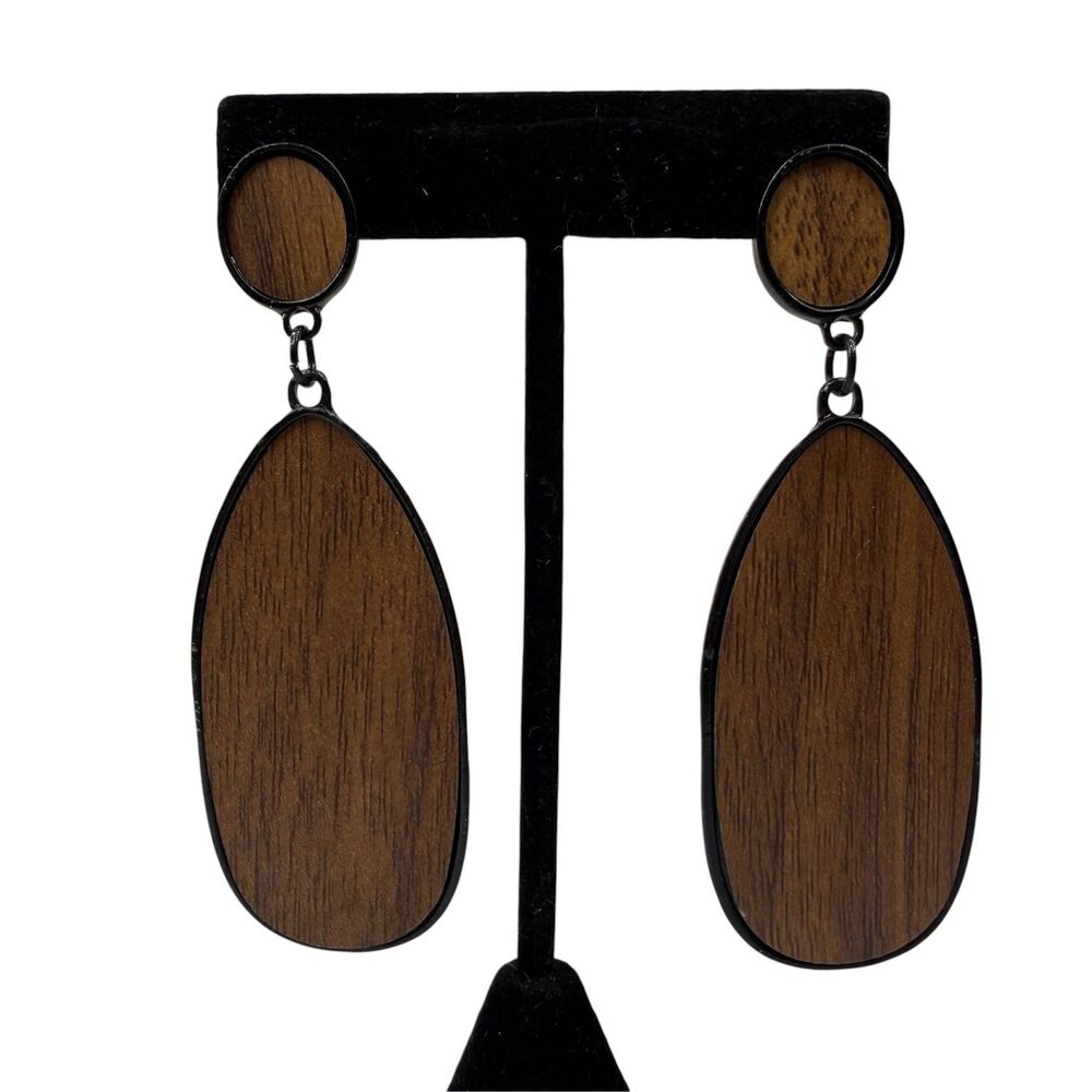 Fashion Wood Drop Earrings Dark Brown Teardrop Dangle Black Metal Frame 3"